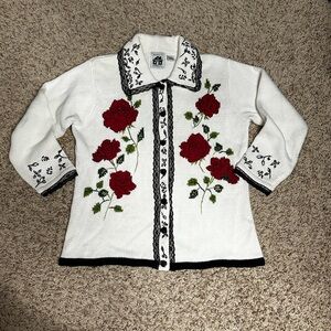 Storybook Knit Sweater Cardigan Floral Embroidered White Red Rose Jacket Size L